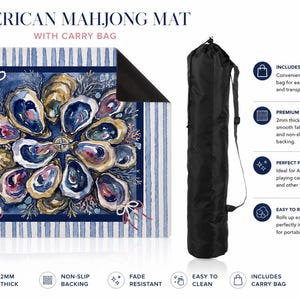 May include: A square American Mahjong mat featuring a blue and white striped border and a central watercolor-style oyster shell pattern. The mat is 2mm thick with a non-slip rubber backing and includes a black cylindrical drawstring carry bag.