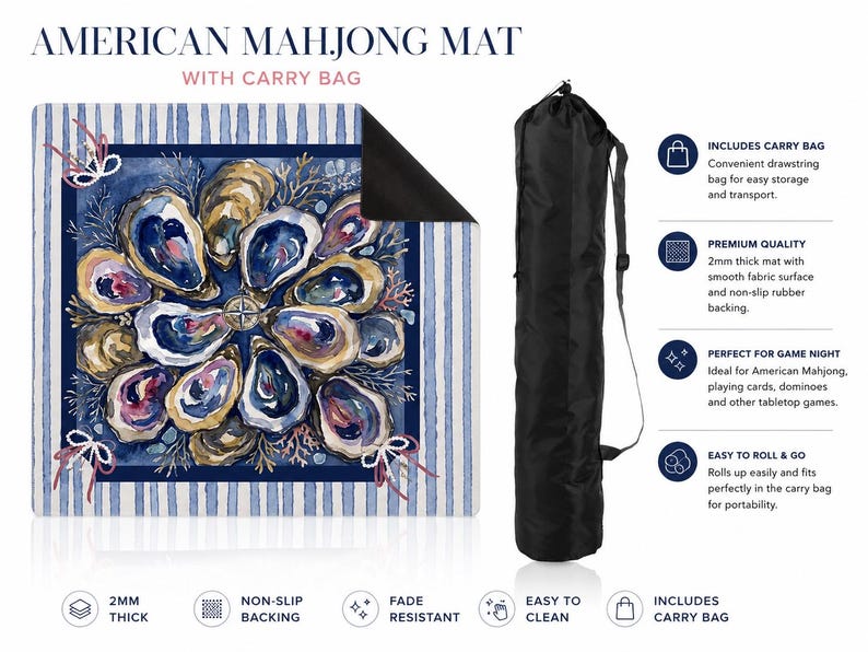 May include: A square American Mahjong mat featuring a blue and white striped border and a central watercolor-style oyster shell pattern. The mat is 2mm thick with a non-slip rubber backing and includes a black cylindrical drawstring carry bag.