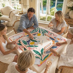Op de afbeelding: Een vierkant mahjong-tafelkleed met een kleurrijke botanische print met groene bladeren, roze accenten en gele citrusvruchten op een cr&egrave;mekleurige achtergrond, met vier houten tegelhouders en mahjongtegels op het oppervlak.