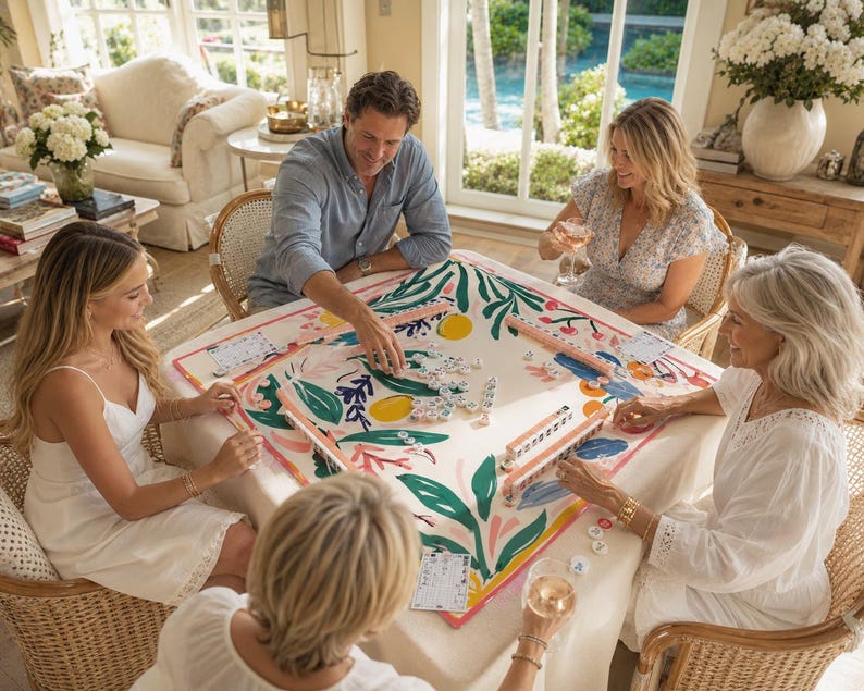 Op de afbeelding: Een vierkant mahjong-tafelkleed met een kleurrijke botanische print met groene bladeren, roze accenten en gele citrusvruchten op een cr&egrave;mekleurige achtergrond, met vier houten tegelhouders en mahjongtegels op het oppervlak.