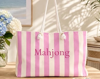 Mahjong Tote Bag, Large Weekender Bag, Striped Mahjong Bag, American Mahjong Carrying Bag, Mahjong Gift for Women, Mahjong Accessories