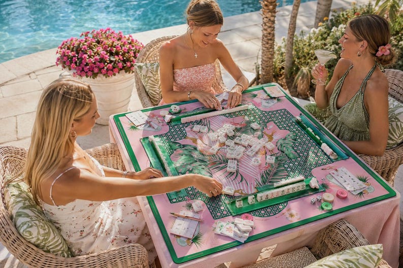 American Mahjong Mat, Flamingo Mahjong Mat, Leopard Mahjong Table Mat, Palm Beach Decor, Tropical Mahjong Gift, Mahjong Lover Accessory image 2