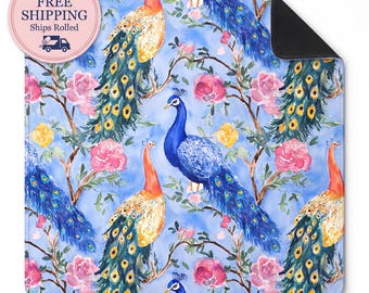 Peacock Mahjong Mat, Blue Chinoiserie Mah Jongg Mat with Carry Bag, Non-Slip Neoprene Mahjong Table Mat, Pink Floral Mahjong Tablecloth