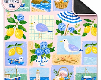 Coastal Seagull American Mahjong Mat, Blue Hydrangea Lemon Game Table Mat, Non-Slip Neoprene Mah Jongg Mat, Palm Beach House Decor
