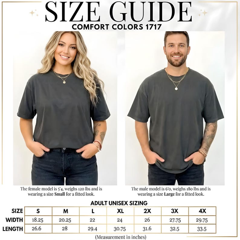 May include: Size guide for Comfort Colors 1717 t-shirts. The image shows a woman and a man modeling the shirts. The size chart includes measurements in inches for adult unisex sizing, ranging from S to 4X. The female model is wearing a size Small, and the male model is wearing a size Large.