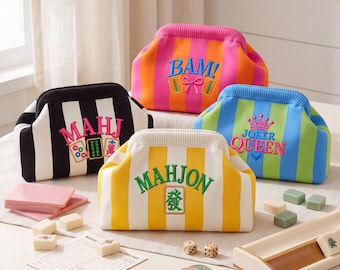 Mahjong Tile Bag, Embroidered Striped Knit Mahjong Clutch, Personalized Mahjong Tile Storage Pouch, Mahjong Accessories, Gift for Her