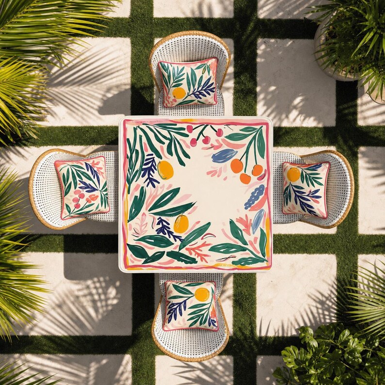 Op de afbeelding: Een vierkante buitentafel met een cr&egrave;mekleurig blad voorzien van een botanisch patroon van groene bladeren, oranje citrusvruchten en roze bessen, omringd door vier witte gevlochten stoelen, elk met een bijpassend vierkant sierkussen.