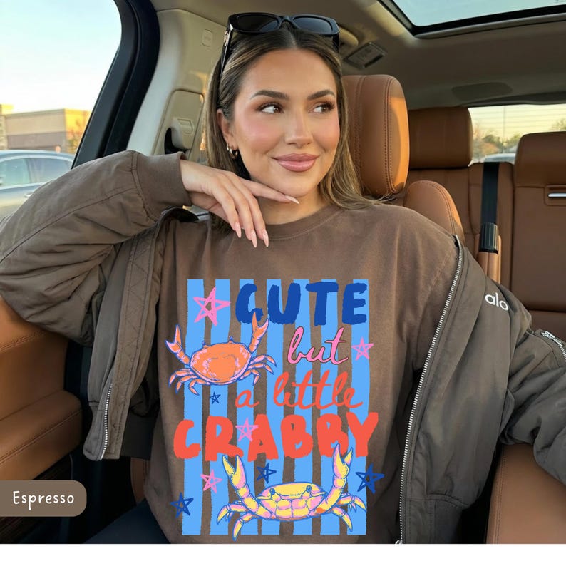 May include: Brown sweatshirt with the text "Cute but a little Crabby" and crab illustrations. The text is in blue, pink, and orange. The sweatshirt is worn by a person in a car.