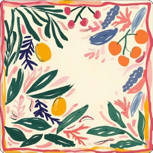 Op de afbeelding: Een vierkant textiel met een cr&egrave;mekleurige achtergrond en een handgeschilderde botanische print. Het ontwerp bevat donkergroene bladeren, oranje citrusvruchten, rode kersen en blauwe bloemtakjes, allemaal omlijst door een felroze rand.
