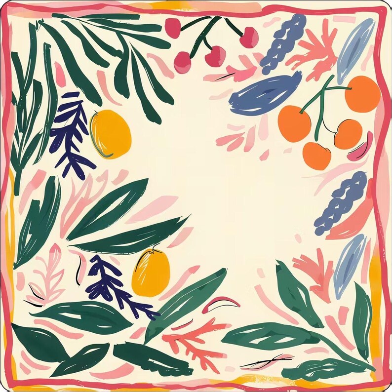 Op de afbeelding: Een vierkant textiel met een cr&egrave;mekleurige achtergrond en een handgeschilderde botanische print. Het ontwerp bevat donkergroene bladeren, oranje citrusvruchten, rode kersen en blauwe bloemtakjes, allemaal omlijst door een felroze rand.
