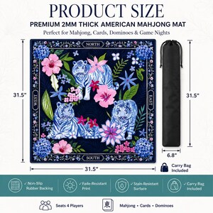 May include: A square 80 cm by 80 cm American Mahjong mat with a dark blue background, featuring white tigers and pink and blue floral patterns. The mat includes directional labels for North, South, East, and West, and comes with a black carry bag.