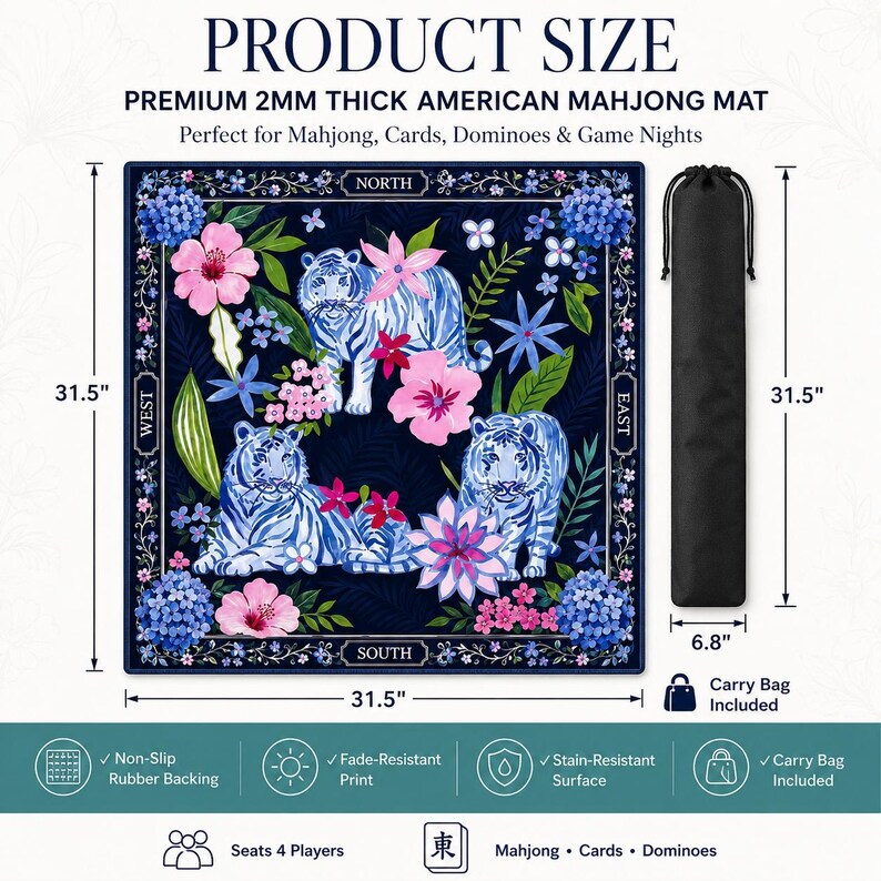May include: A square 80 cm by 80 cm American Mahjong mat with a dark blue background, featuring white tigers and pink and blue floral patterns. The mat includes directional labels for North, South, East, and West, and comes with a black carry bag.