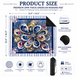 May include: A square American Mahjong mat measuring 31.5 by 31.5 inches with a 2mm thickness. The mat features a blue and white striped border and a central watercolor illustration of oysters and coral. It includes a non-slip rubber backing.