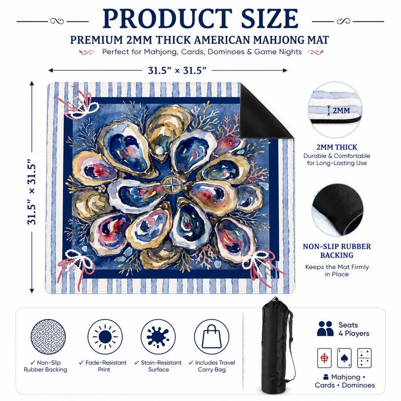 May include: A square American Mahjong mat measuring 31.5 by 31.5 inches with a 2mm thickness. The mat features a blue and white striped border and a central watercolor illustration of oysters and coral. It includes a non-slip rubber backing.