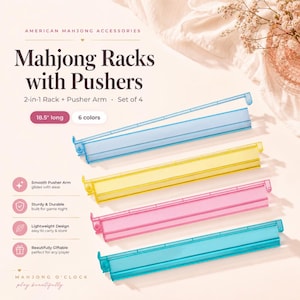 May include: A set of four 47 cm long Mahjong racks with attached pusher arms in blue, yellow, pink, and teal. The racks are made of translucent plastic and feature a 2-in-1 design. Text on the image reads Mahjong Racks with Pushers.