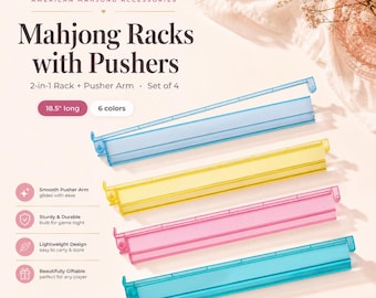 May include: A set of four 18.5-inch long Mahjong racks with attached pusher arms in blue, yellow, pink, and teal. The racks are made of translucent plastic and feature a 2-in-1 design. Text on the image reads Mahjong Racks with Pushers.