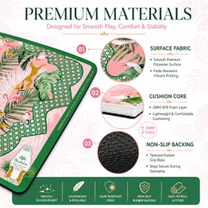 May include: A rectangular play mat featuring a pink background with green palm leaves, tropical birds, and cheetahs. The mat has a 2mm thick XPE foam core, a smooth polyester surface, and a textured black rubber non-slip backing for stability.