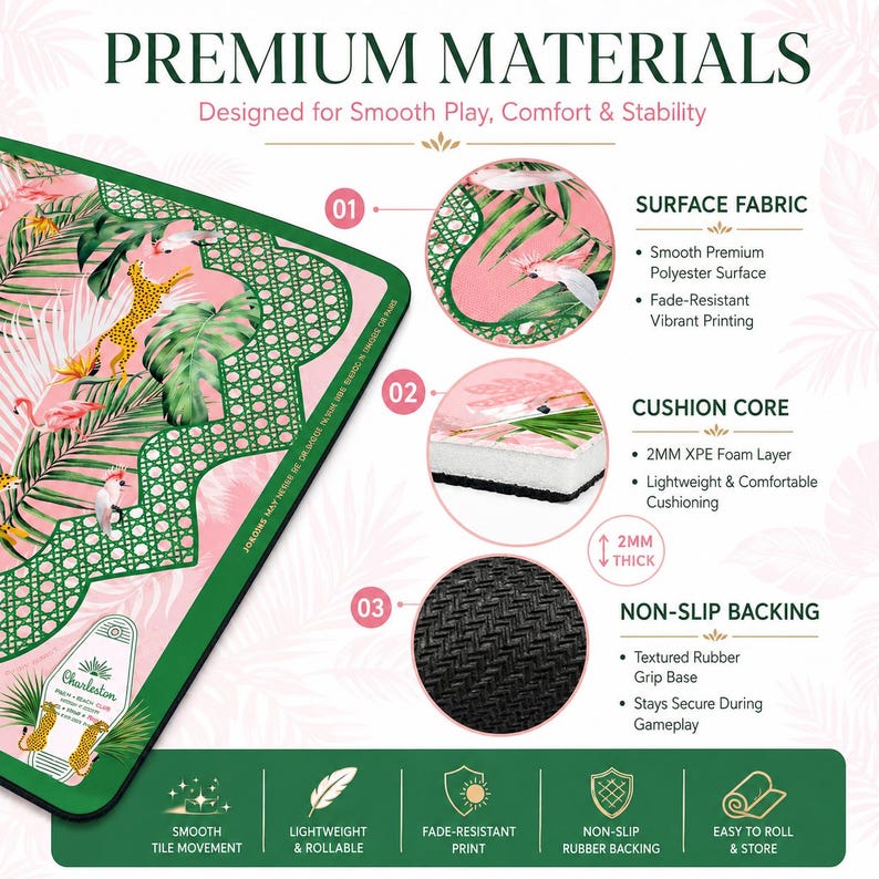 May include: A rectangular play mat featuring a pink background with green palm leaves, tropical birds, and cheetahs. The mat has a 2mm thick XPE foam core, a smooth polyester surface, and a textured black rubber non-slip backing for stability.