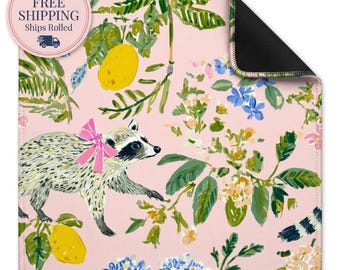 Raccoon Mahjong Mat, Lemon Garden American Mah Jongg Table Mat, Non-Slip Neoprene Game Mat, Preppy Floral Gift for Raccoon Lover