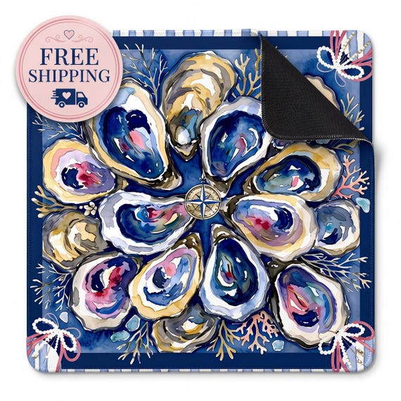 American Mahjong Mat Coastal Oyster Design Non-Slip Mahjong Mat with Carry Bag Beach House Game Night Decor