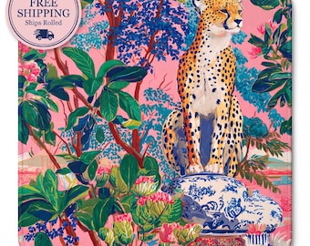 Pink Cheetah Mahjong Mat with Carry Bag, Tropical Chinoiserie American Mah Jongg Mat, Preppy Leopard Neoprene Mahjong Tablecloth, Palm Beach