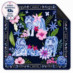 American Mahjong Mat Blue Chinoiserie Tiger Design Non-Slip Mahjong Mat with Carry Bag Luxury Game Night Decor