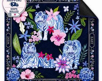 Blue Chinoiserie Tiger Neoprene Mahjong Mat with Carry Bag, 3mm Non-Slip Mah Jongg Table Mat, Mahjong Tablecloth, Ships Rolled from USA