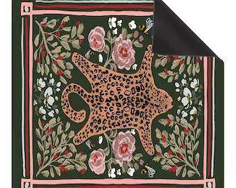 Leopard Floral Mahjong Mat Green Botanical American Mahjong Mat Luxury Palm Beach Game Table Cover Gift for Mahjong Lovers