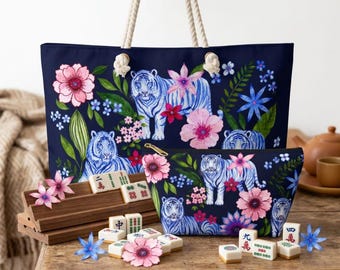 Blue Tiger Floral Mahjong Tote Bag Set, Mahjong Rack Bag & Tile Bag, American Mahjong Accessories, Mahjong Gift for Women, Game Night Bag