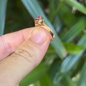 May include: A gold ring with a cluster of red and clear stones.