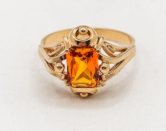 14ct Gold Orange Synthetic Sapphire Ring, Ornate Scrollwork Gemstone Ring, Vintage Style Dress Ring, Size Q Half