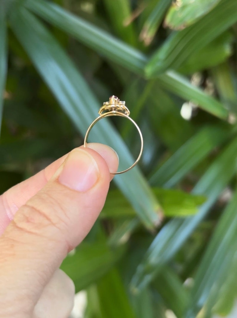 May include: A gold ring with a red gemstone surrounded by smaller clear gemstones. The ring is on a finger against a green leafy background.