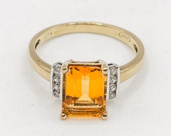 9ct Gold Citrine Diamond Ring, Emerald Cut Gemstone, Channel Set Shoulders, November Birthstone, Size O