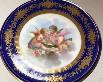 Antique Sevres Style Comport, Hand-Painted Cherubs, Guilded Ormolu, Royal Blue