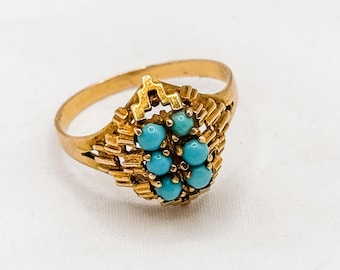 9ct Gold Turquoise Cluster Ring, Six Stone Sculptural Openwork Ring, Size O 1/2