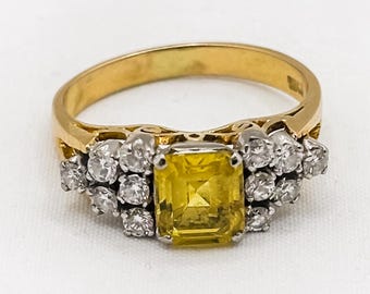 18ct Gold Yellow Sapphire Diamond Ring, Step Cut Gemstone, Scrollwork Two Tone Ring, Size M