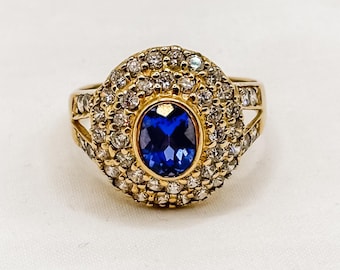 9ct Gold Created Sapphire Created Diamond Ring, Blue Oval Statement Cocktail Ring, Size T 1/2