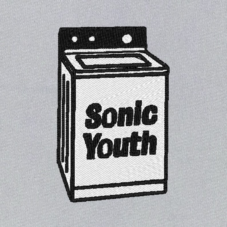 May include: Embroidered patch featuring a black and white illustration of a washing machine. The text "Sonic Youth" is displayed in bold, black letters on the front of the machine. The patch is set against a light gray background.