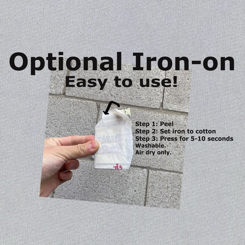 May include: Image shows instructions for an optional iron-on application. The text reads "Optional Iron-on Easy to use!" with step-by-step instructions: Peel, Set iron to cotton, Press for 5-10 seconds. Washable. Air dry only.