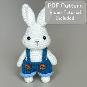 May include: White crocheted bunny wearing blue overalls with brown buttons. PDF pattern and video tutorial included.
