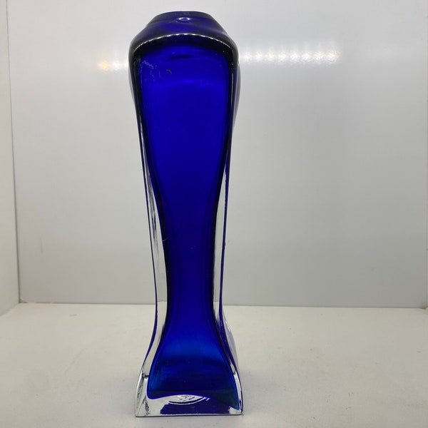 Badash Cobalt Blue & Clear Tall Hand Blown Art Glass Bud Vase RARE Shape and Size