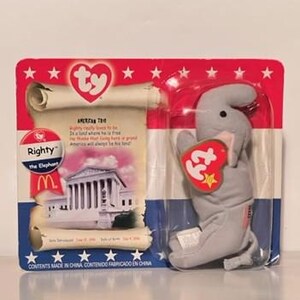 TY AMERICAN TRIO - Righty the Elephant - 5&quot; Enclosed In Plastic/Mounted On Cardboard - 2000