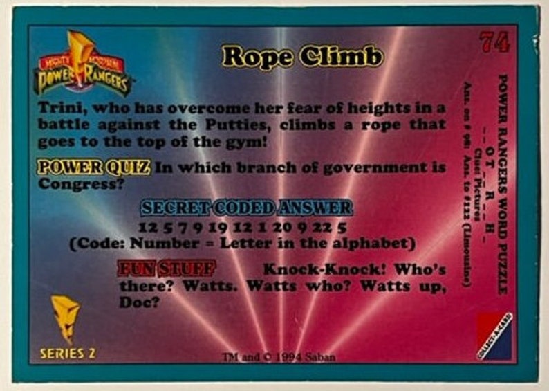 Power Ranger Ropes Mighty Morphin Power Rangers - ROPE CLIMB - Series 2 - Card #74 - 1994 ...