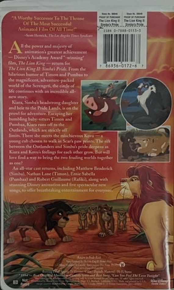 Disney's The Lion King II - Simba's Pride - VHS Movie (8804 Disney's The Lion King II - Simba's Pride - VHS Movie (8804