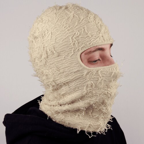 Cream Knitted Balaclava Distressed Balaclava Ski Mask Yeat Etsy