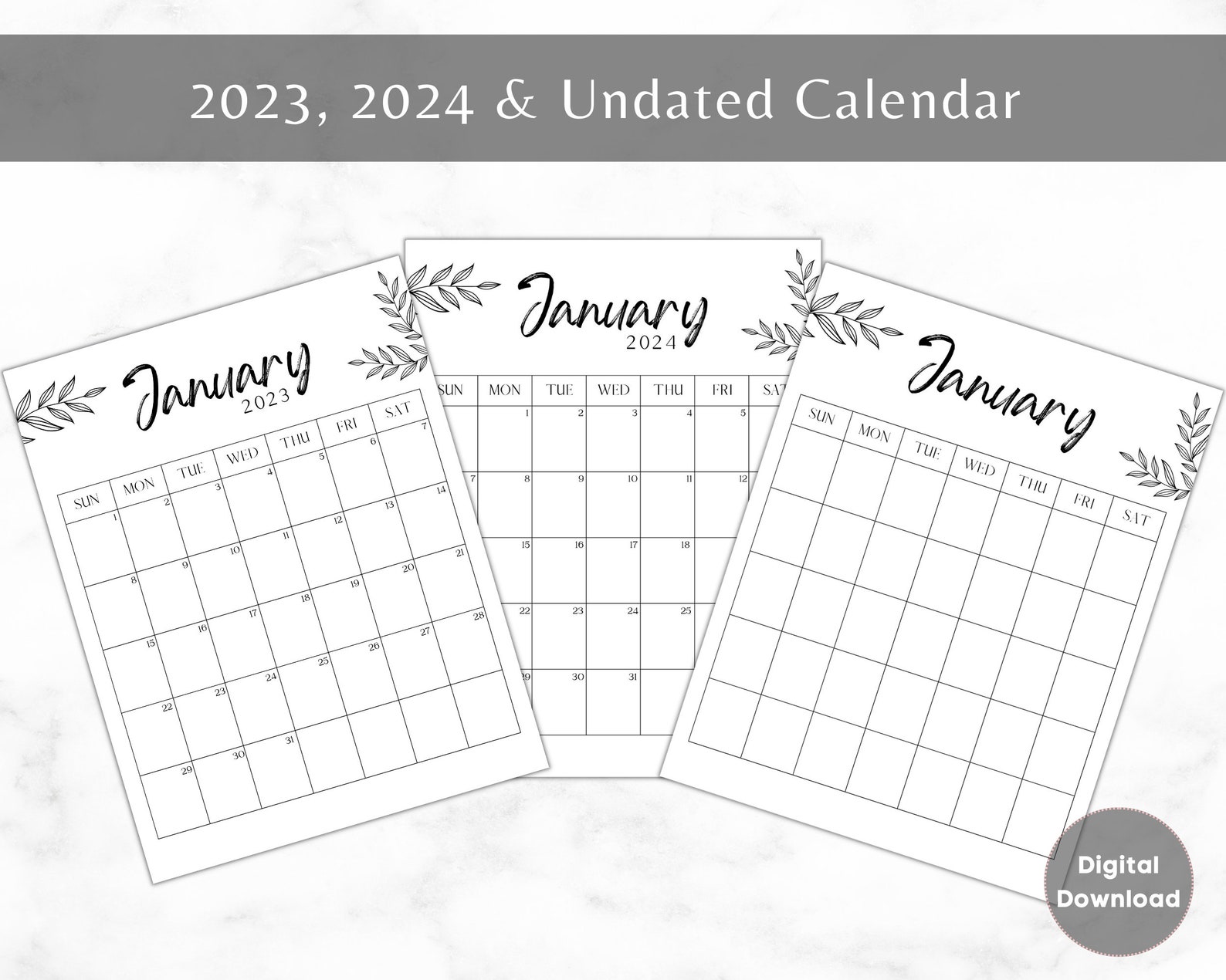 2023 Calendar PDF Black and White Calendar Undated Calendar Etsy