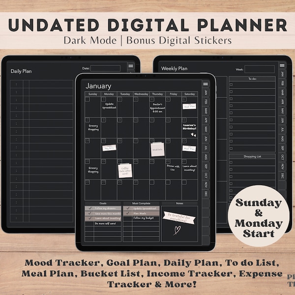 Dark Mode Digital Planner Undated, Dark Mode Planner, Dark Mode Ipad Planner, Notability, Productivity Digital Planner, iPad Planning