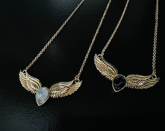 Angel Wings Pendant Necklace, Winged Gemstone, Brass & Onyx Or Moonstone Everyday Angelic Necklace