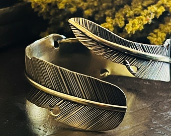 Brass Feather Bracelet: Gold Leaf Adjustable Bangle, Bohemian Jewelry