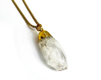 Raw Clear Quartz Crystal Necklace: Brass Pendant, Gold-Plated Chain